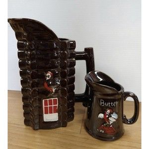 2 Vtg MCM 1950s Redware Brown Luster Rooster Pitchers, One Butter